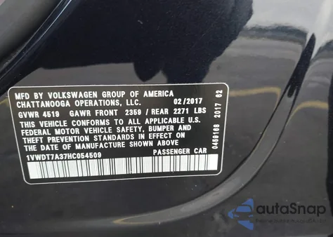 2017 Volkswagen Passat 1.8T R-Line from USA, damaged, VIN 1VWDT7A37HC054509